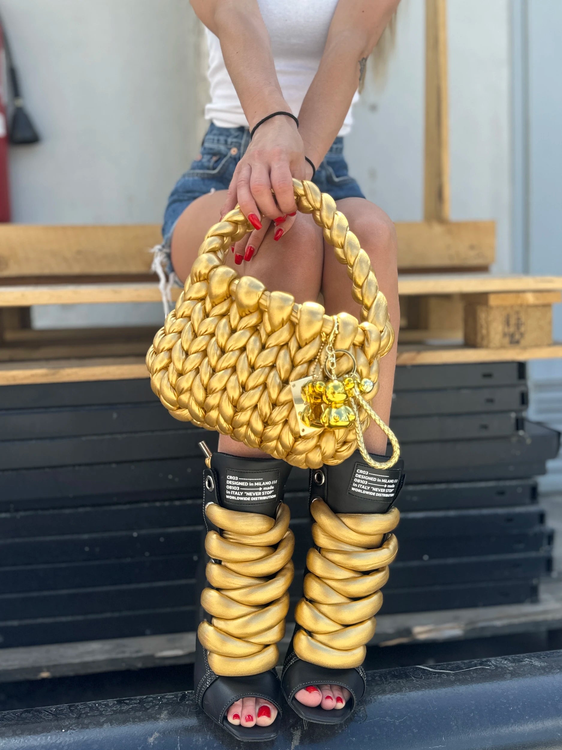 Black Rush & Knotty Gold Set – Heels + Bag